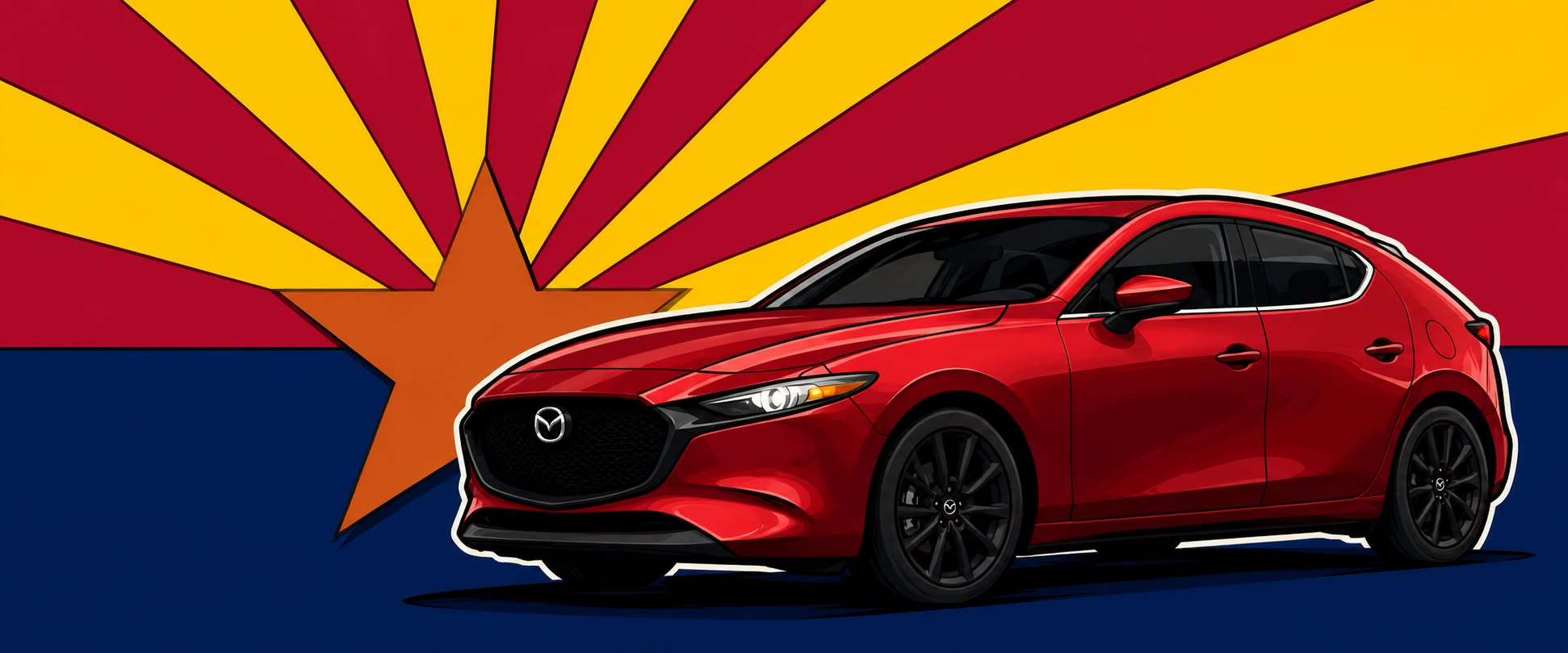 Mazda 3 hatchback over the Arizona state flag